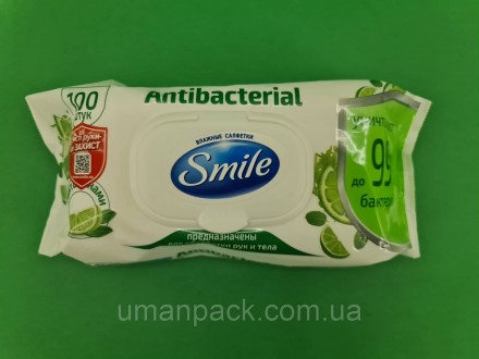 Влажная салфетка 100 шт с клапаном "SMAILE" Antibacterial (1 пачка). Умань. фото 1 Влажная салфетка 100 шт с клапаном "SMAILE" Antibacterial (1 пачка). Умань. фото 1