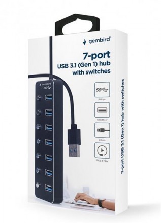 Концентратор USB 3.0 Gembird 7хUSB3.0, з вимикачами, пластик/метал, Black (UHB-U. . фото 6