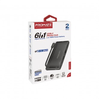Концентратор USB Type-C Promate MediaHub-C6 6 in 1 Black (mediahub-c6.black). . фото 8