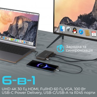 Концентратор USB Type-C Promate MediaHub-C6 6 in 1 Black (mediahub-c6.black). . фото 3
