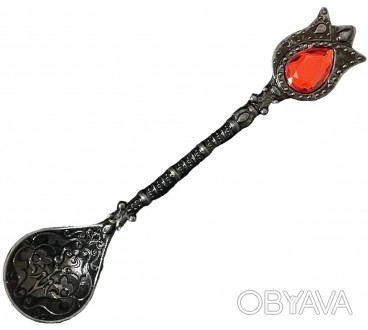 Ложка для кофе турецкая черная Tulip, Темное серебро, красный камень