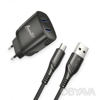 Зарядка от cети 220В на 2USB 2.4A черная , кабель USB - Micro USB