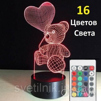 Светильник-ночник 3D с пультом управления Мишка с сердцем