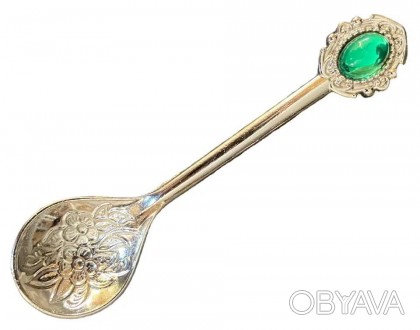 Ложка для кофе турецкая, цвет серебро, зеленый камень