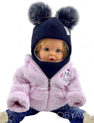 Детская вязаная шапка шлем теплая с флисом детские головные уборы синий (ШДТ388)