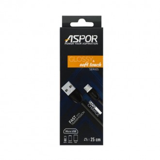 Кабель Aspor A72 USB to Micro USB 2A 25 см глянсовий чорний (для повербанка). Запоріжжя. фото 1 Кабель Aspor A72 USB to Micro USB 2A 25 см глянсовий чорний (для повербанка). Запоріжжя. фото 1