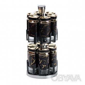 Набор для специй на подставке 12 баночек по 120 мл, черный мармур HP1356