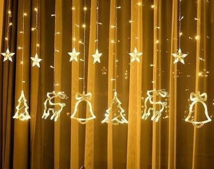 Гірлянда — Штора Фігури (Зірки, Олені, Дзвіночки, Ялинки) 3*1 м, на батарейці з USB. . фото 3 Гірлянда штора "Зірки, ялинки, олені, дзвіночки" — це святкова прикраса, яка ств. . фото 3