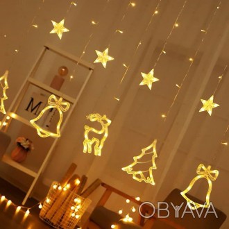 Гірлянда — Штора Фігури (Зірки, Олені, Дзвіночки, Ялинки) 3*1 м, на батарейці з USB. . фото 1 Гірлянда штора "Зірки, ялинки, олені, дзвіночки" — це святкова прикраса, яка ств. . фото 1