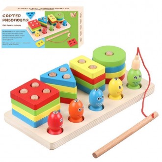 Деревянная игрушка 2 в 1 - сортер "геометрика" и магнитная рыбалка арт. 40426. Киев. фото 1