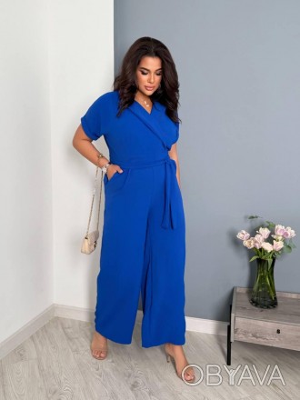 Стильный женский летний комбинезон из жатки с запахом на груди, батал большие ра