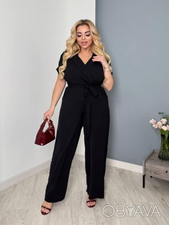 Стильный женский летний комбинезон из жатки с запахом на груди, батал большие ра