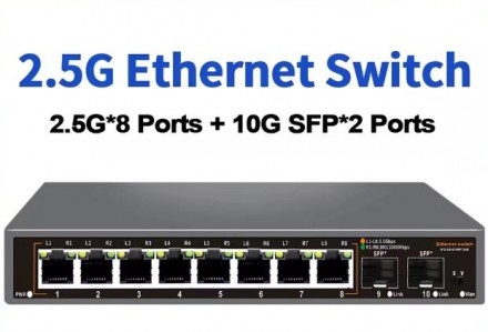 Коммутатор сетевой гигабитный 2.5Gх8 RJ45 портов, 10Gх2 SFP порта, Ethernet Swit. Днепр. фото 1 Коммутатор сетевой гигабитный 2.5Gх8 RJ45 портов, 10Gх2 SFP порта, Ethernet Swit. Днепр. фото 1
