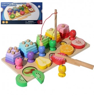 Деревянная развивающая игрушка 3в1 (сортер-геометрика/магнитная рыбалка/фрукты н. Киев. фото 1