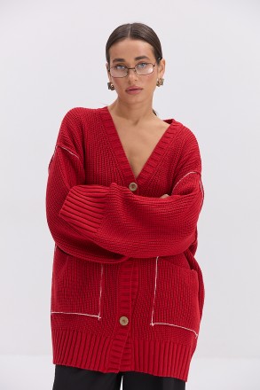 Женский вязаный кардиган oversize с карманами темно-красный. Ананьев. фото 1 Женский вязаный кардиган oversize с карманами темно-красный. Ананьев. фото 1