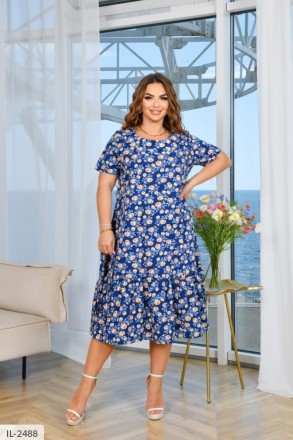 Платье женское за колено А-силуэта под пояс с воланом по низу короткий рукав бол. Одесса. фото 1