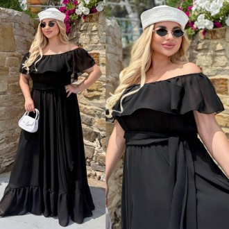 Просторное шифоновое летнее платье длинное с воланами и открытыми плечами, батал. Одесса. фото 1