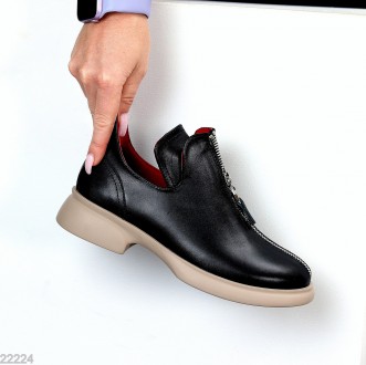 Дизайнерские черные кожаные туфли на молнии, натуральная кожа на бежевой подошве. Одесса. фото 1