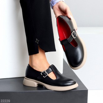 Черные кожаные деми туфли на ремешке натуральная кожа на бежевой подошве 37. Одесса. фото 1