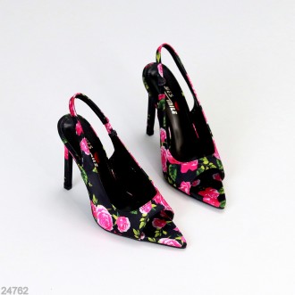 Элегантные цветочные сатиновые черные босоножки на шпильке 37. Одесса. фото 1