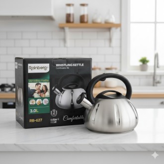 Чайник для електричних і газових плит Rainberg RB-627 3 л зі свистком, з неіржавкої сталі. Київ. фото 1