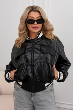 Женская стильная кожаная куртка бомбер на молнии, со вставками рибаны, батал бол. Одесса. фото 1