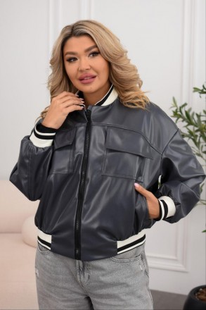 Женская стильная кожаная куртка бомбер на молнии, со вставками рибаны, батал бол. Одесса. фото 1
