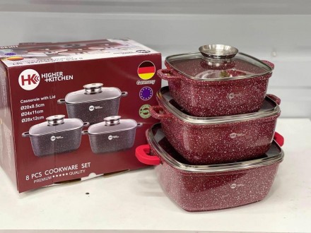 Набір каструль Higher Kitchen HK-302 ЧЕРВОНИЙ з гранітним антипригарним покриття. Львов. фото 1