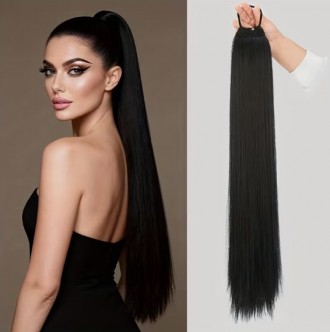 Накладной хвост на резинке качественный и густой 71 см цвет черный термоволокно. Ивано-Франковск. фото 1