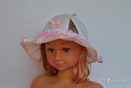 Шляпа для маленькой девочки светло-розового цвета в мелкую клетку молочного отте. . фото 1