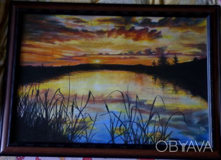 Картина от автора "Закат у озера"-пастель 60х42,рама со стеклом. . фото 1