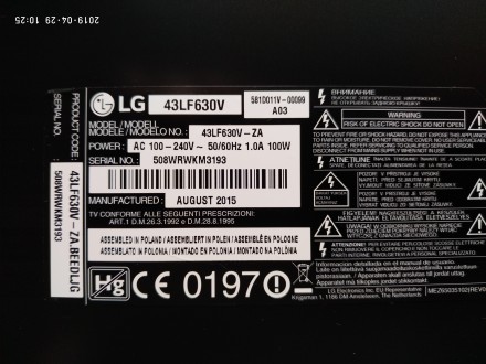 Плата снята с работоспособного телевизора LG 43LF630V с механическим повреждение. . фото 9