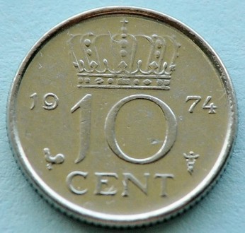 10 центов 1974 года. Нидерланды.. . фото 2