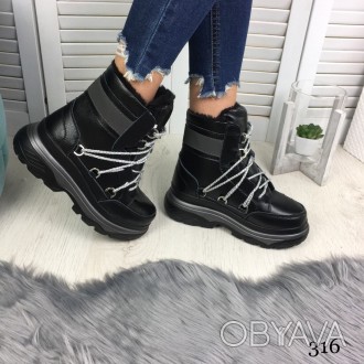 Зимние женские ботинки на шнуровке черные натуральная кожа //
материал:натуральн. . фото 1