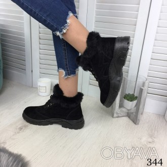Зимние женские ботинки с опушкой черные эко замша //
материал: эко замша
внутри . . фото 1