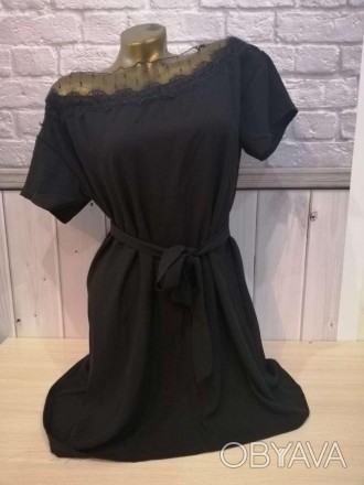 Женское платье с вставками гипюра и поясом. Платье свободного кроя, ткань лёгкая. . фото 1