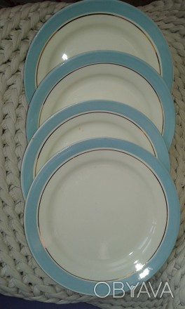 милые винтажные тарелочки(4 штуки) с небесно голубыми полосками и золотистыми ка. . фото 1