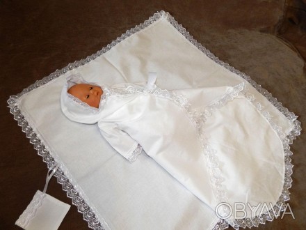Теплый зимний набор для крещения ребенка из фланели. Квадратная крыжма. Модель E. . фото 1