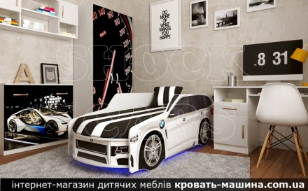 Кровать машина ПРЕМИУМ со встроенным матрасом, мягким изголовьем + подушка - КОМ. . фото 5