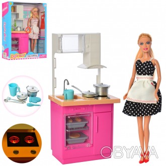 Кукла DEFA 8439-BF кухня, мебель, посуда, 2 цвета, свет, на батарейках (таблетки. . фото 1