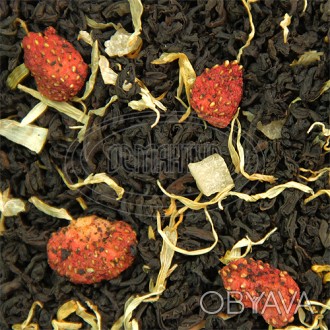 Черный чай, ароматизированный кусочками ананаса, клубничными хлопьями и лепестка. . фото 1