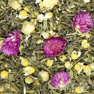 Зеленый чай с листьями и цветами лотоса, ромашкой и гомфреною. Умеренный аромат . . фото 1