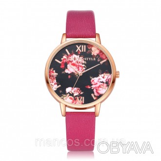 Кожаные наручные женские часы с цветами, розового цвета. 
Очень стильные и яркие. . фото 1