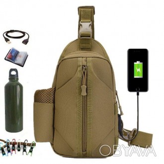 Удобная тактическая сумка-рюкзак, бананка на одной лямке + USB выход.
Можно носи. . фото 1